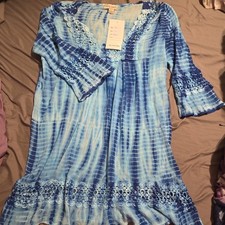 Jessica Taylor NYC Kaftan Dress Blue Tie Dye Cotton Crochet V-Neck L