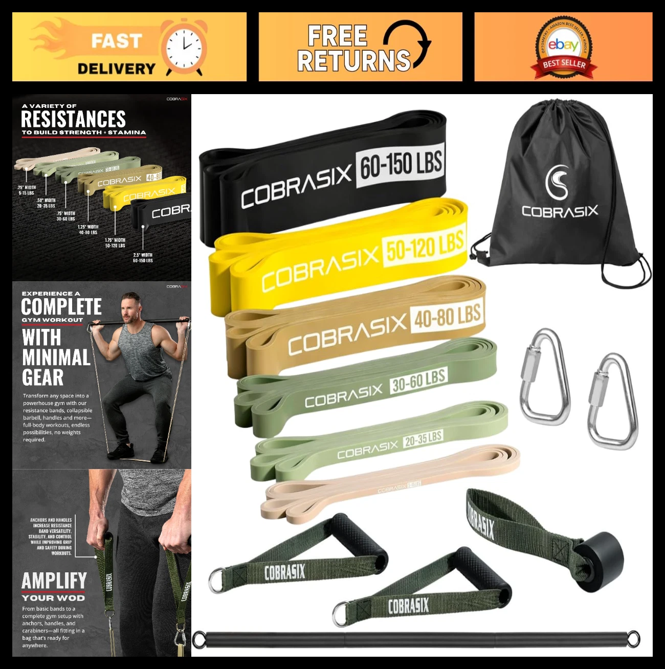 Set of 6 Resistance Bands for Full-Body Workouts | Home Gym Exercise Bands with