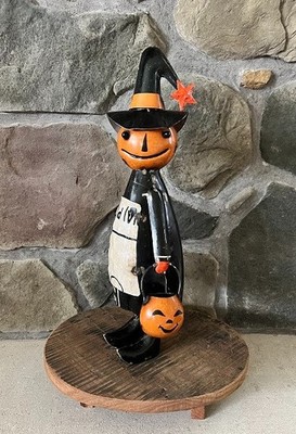 Primitive Halloween Recycled Metal PUMPKIN WITCH FIGURE Standing Statue
