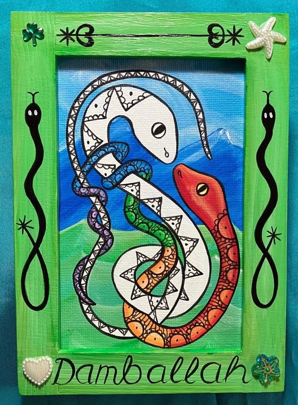 Small Original Framed Painting Damballah White & Rainbow Snake Vodou Voodoo