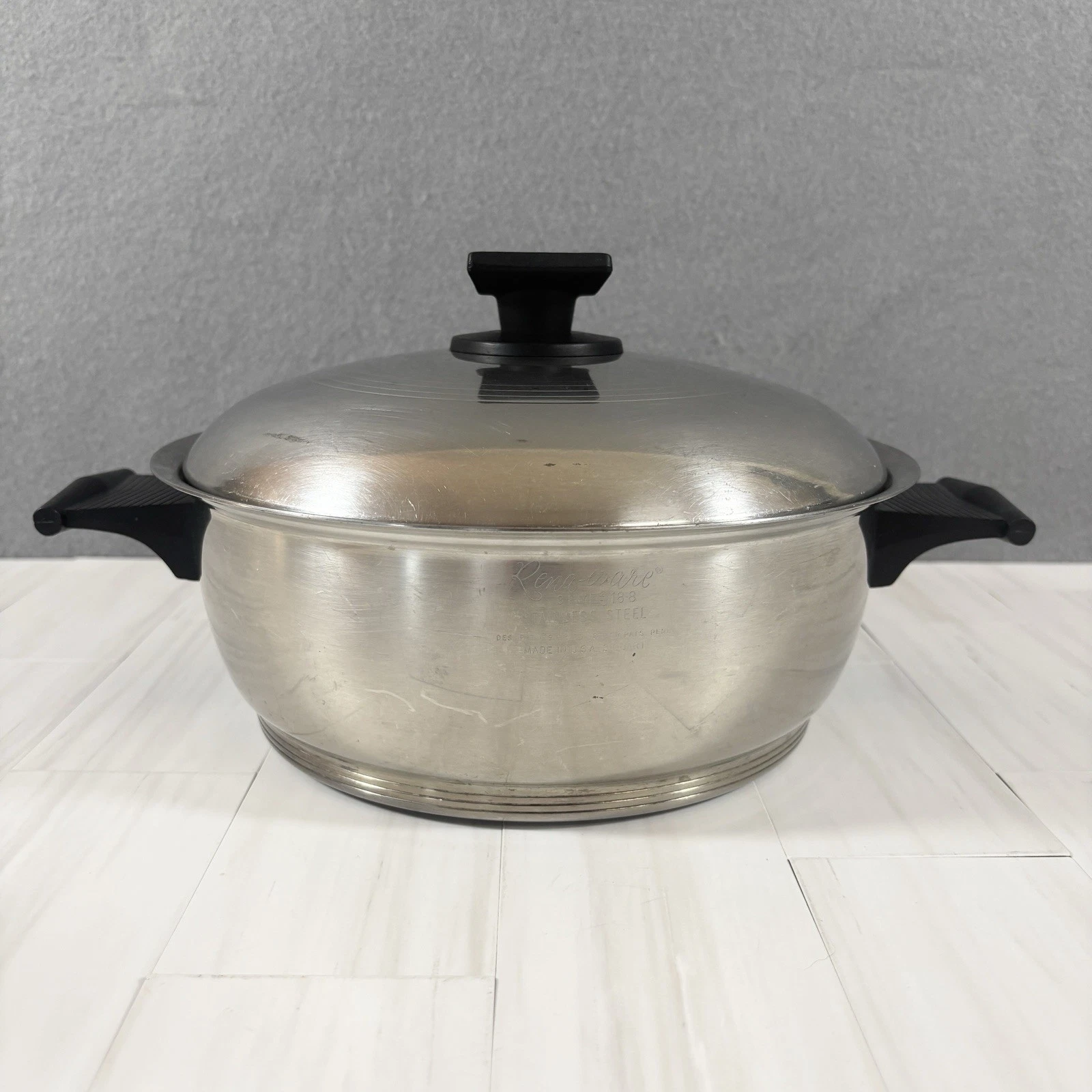 Vintage Rena Ware 3 Qt Pot 18-8 Stainless Steel 3 Ply Pan Lid Double Handles USA