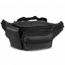Black Genuine Leather Fanny Pack Phone Hip Waist Bag Travel Sport Holder