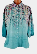 C.O.Z.Y Teal Blue, Multicolor Button Up 3/4 Sleeve Blouse.  Size L / 8