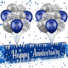 Blue Happy Anniversary Decorations for Men Women, Silver Blue Happy Anniversa