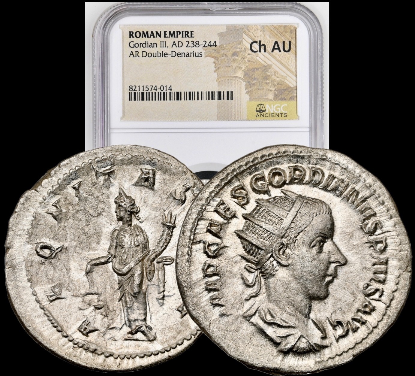 PQ+ 238-244 AD Gordian III Ancient Roman Silver AR Double Denarius NGC Choice AU