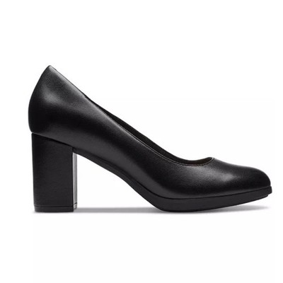 Clarks Bayla Skip Slip-On Platform Dress Pumps Black Leather Block Heel Shoe 9M