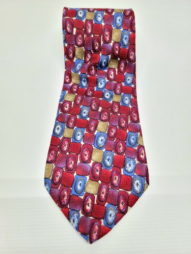 417 by Van Heusen Mens Necktie 100% Silk Red Blue Geometric Squares Made in USA - Picture 2 of 5
