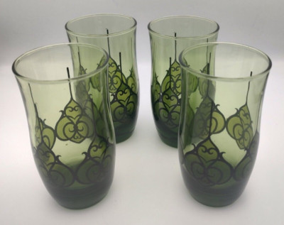 Set of 4 Vintage MCM Gothic Cathedral Black Design Dark Green Juice Glasses