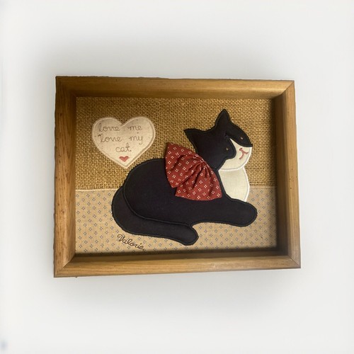 Vintage Applique Folk Art Cat Wall Art Original Signed 1986 Valerie Sockwell