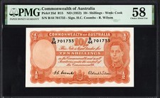 Australia 10 Shillings P25d R15 1952 Coombs Wilson PMG58 Choice aUNC HIGH GRADE