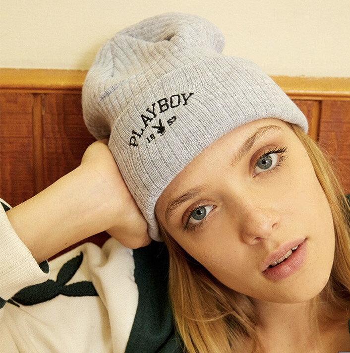 Knit Hat Playboy White Beanie Playboy Lids Brand Black Knit Bomber