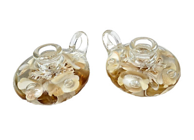 Joe St Clair Paperweight Candlesticks Blown Glass Floral Bubbles Vintage 70s 2pc