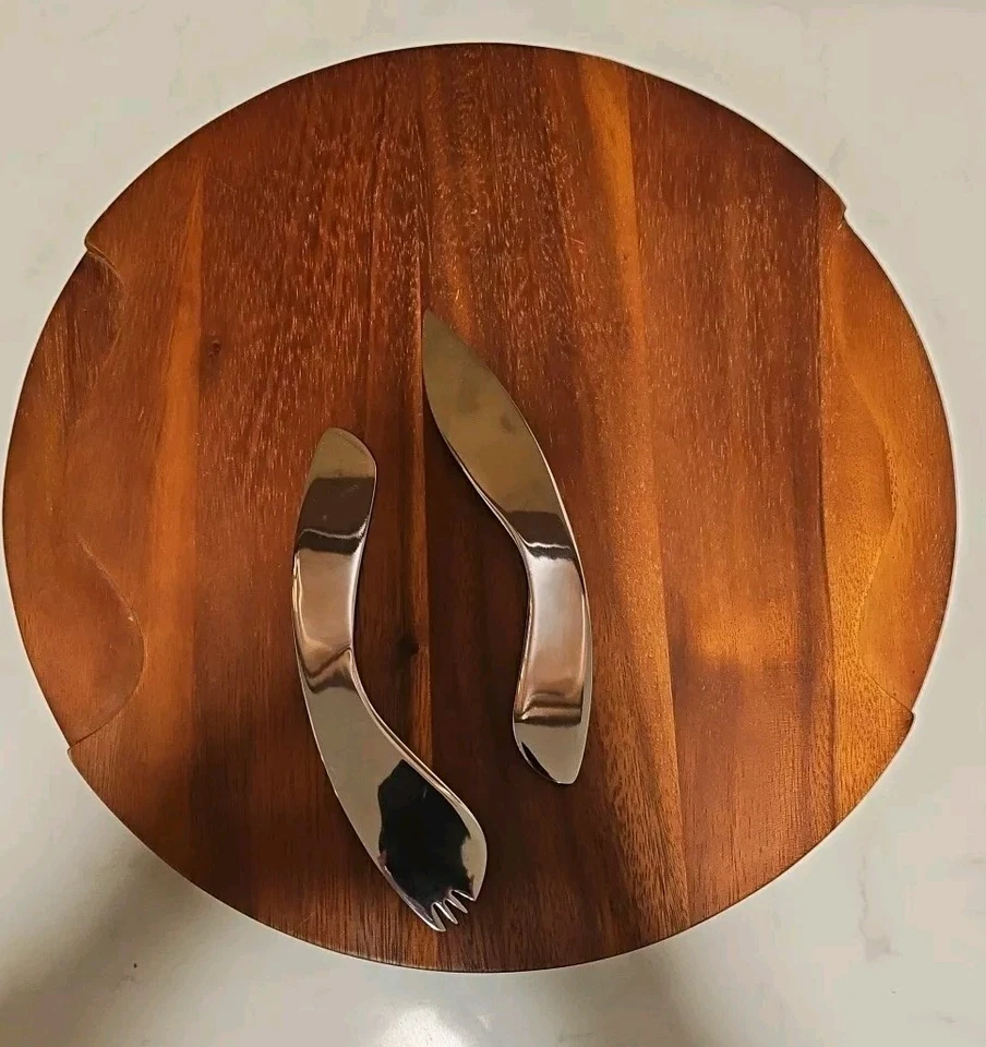 Nambé 15 Inch Round Wood Serving Tray With Silver Utensils - Image 4 of 4