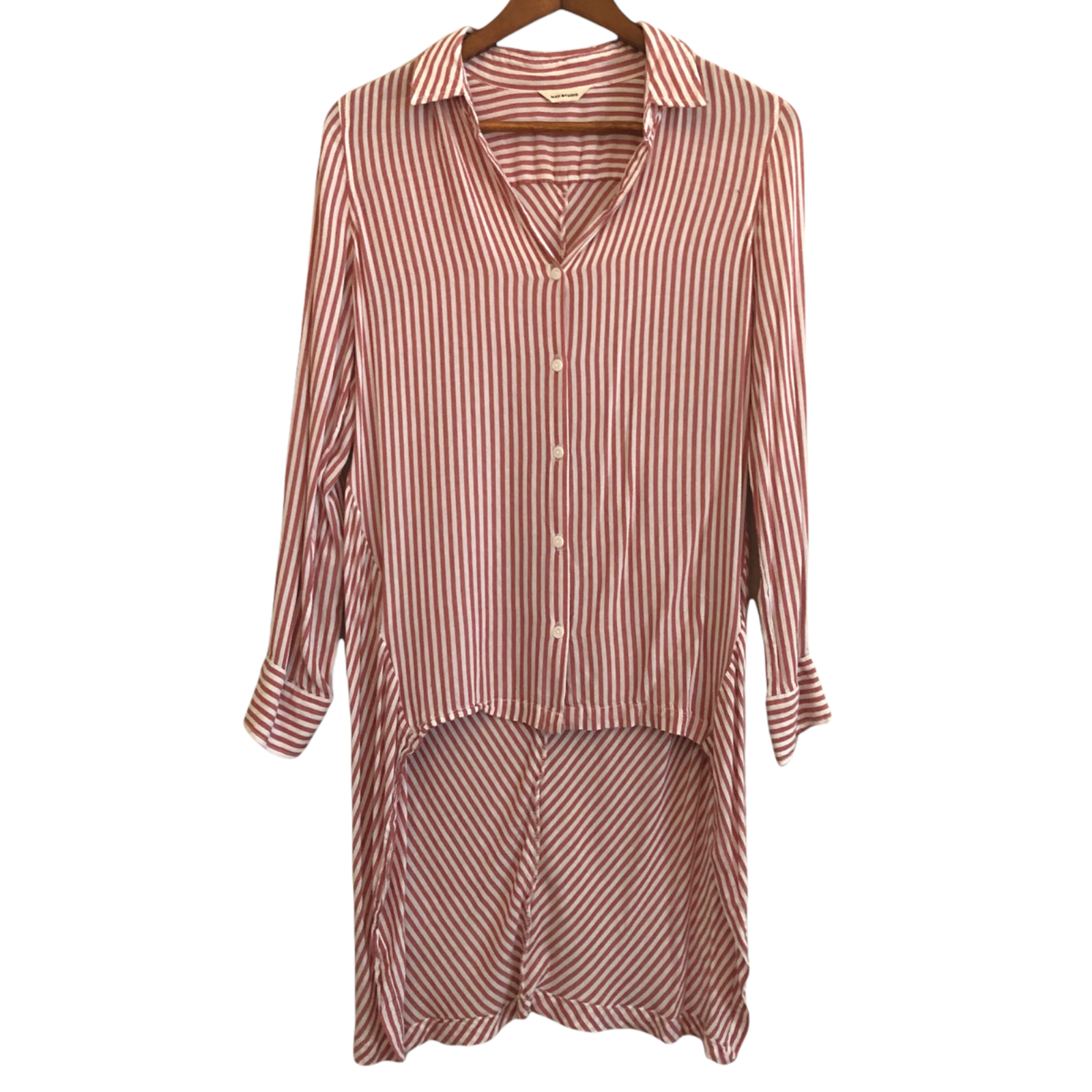 Max Studio Button Front Top Blouse XS Tunic High Low Normcore Oversized Beachy