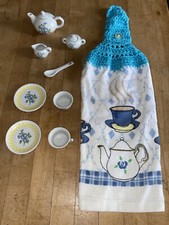 8 Pieces Delton Fine China Child Tea Playset White Blue Yellow Flowers Towel