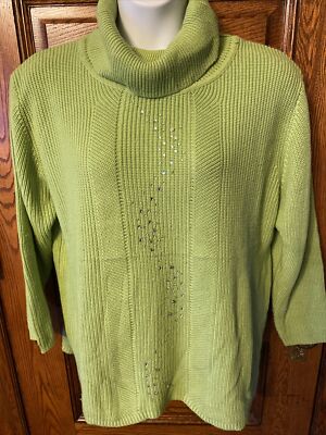 Abito Womens Bright Lime Green Soft Sweater with Rhinestone Sparkles, Plus Sz 3X