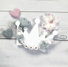 Nuckelkette Silicone Name Pink White Grey Crown Bow Pacifier Chain