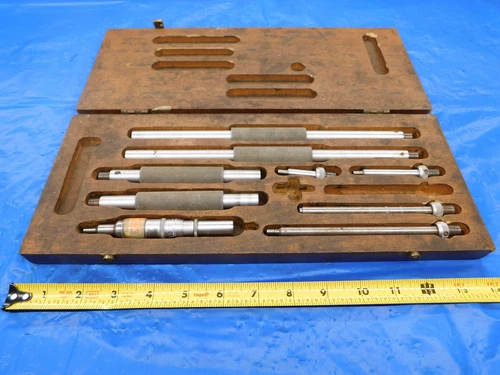 SCHERR-TUMICO 9PC 5" - 40" INSIDE MICROMETER SET 8 RODS W/ WOODEN CASE MIC