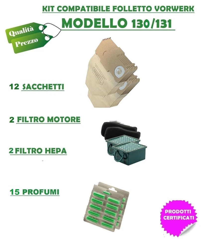 FOLLETTO VK130 VK131 KIT 12 SACCHETTI + 15 PROFUMI + 4 FILTRI ASPIRAPOLVERE