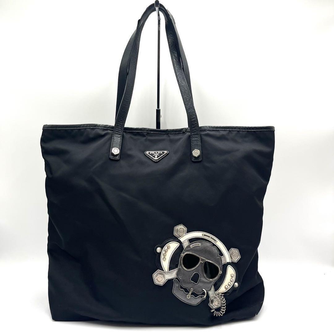 PRADA Skull Studs Tote Bag Triangle Logo Nylon Leather Black PRADA Skull Studs Tote Bag Triangle Logo Nylon Leather Black