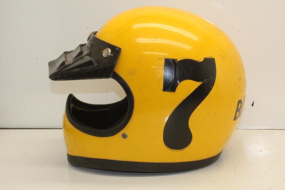 Vintage Bell Moto Star Helmet Yellow Motocross Yamaha Suzuki