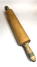Vintage Wood Rolling Pin Chippy Green Handles 17&rdquo; Long Farmhouse Decor