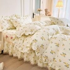 Yellow Floral Duvet Cover Set 3 Pcs 100 Cotton Twin Size Bedding with Pillowcas