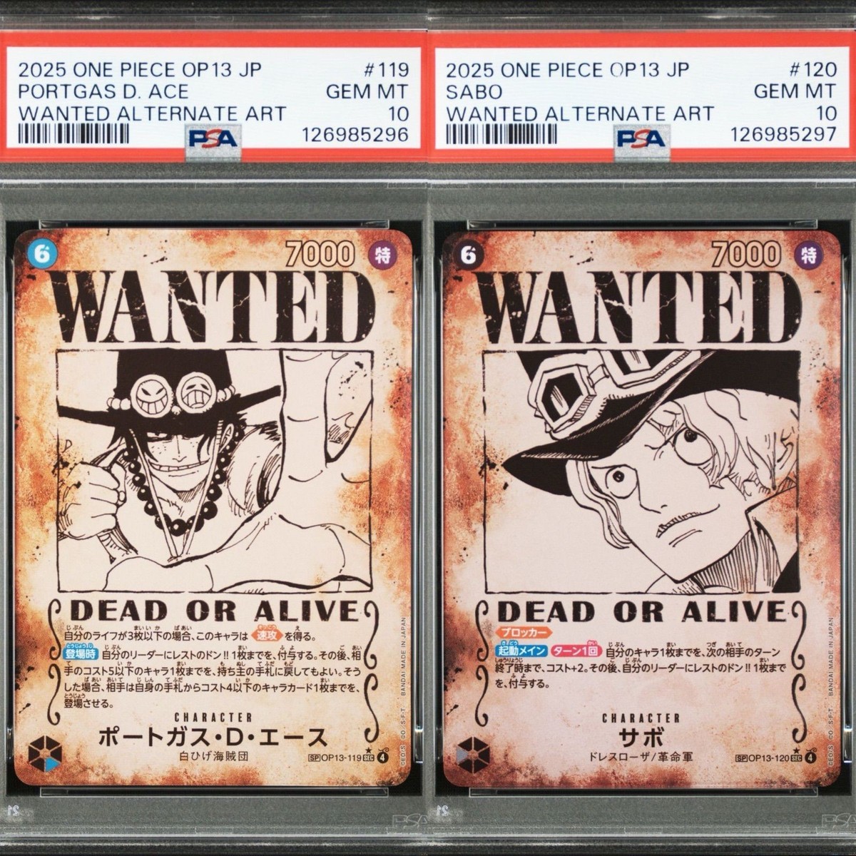 2025 PSA 10 Ace OP13-119 Sabo OP13-120 Wanted Seq Number Set ONE