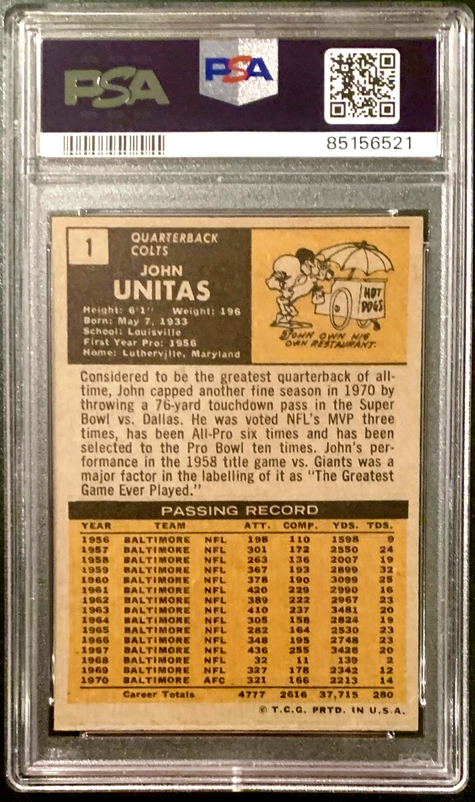 1971 TOPPS #1 Johnny JOHN UNITAS HOF Baltimore Colts PSA 4 VG EX, Sharp! view 2