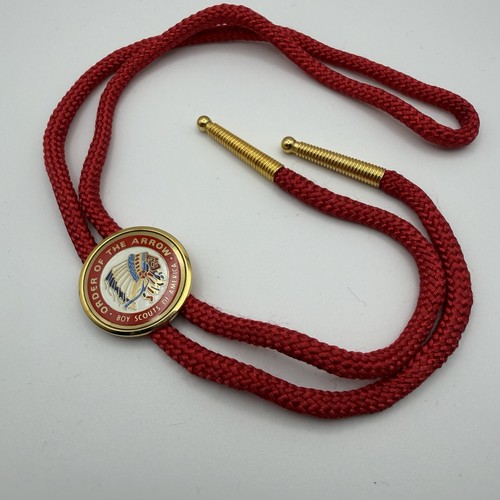 BSA Order of the Arrow Gold Tone Metal Bolo Tie Red String & Gold Tips BT-403