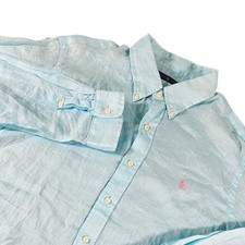 Ralph Lauren XL 100% Linen Button Down Shirt Light Blue Pink Pony Long Sleeve