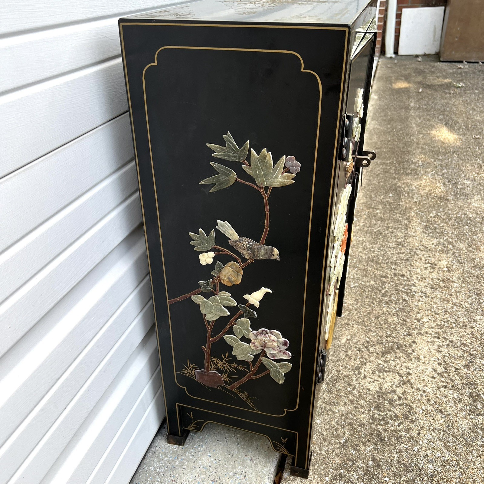 Chinese Black Lacquer Gold Hand Painted Cabinet Stone Relief Bird Flower MCM SEE