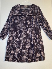 Lilla P Sz L Purple Floral 100% Cotton 3/4 Sleeve Shift Shirt Dress