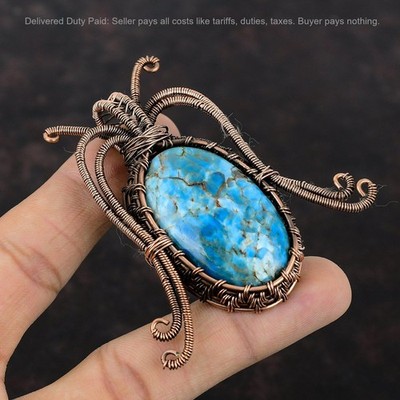 Valentines Deal Copper Neon Apatite Gemstone Wire Wrapped Anniversary Pendant