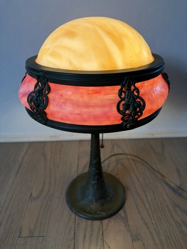Antique Slag Glass Table Lamp Mushroom Shade Art Deco Bronze Base No Reserve!