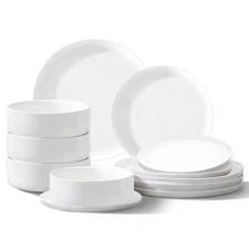 Plates and Bowls Sets,12 Pieces Porcelain Dinnerware Sets, White Ceramic Dish...
