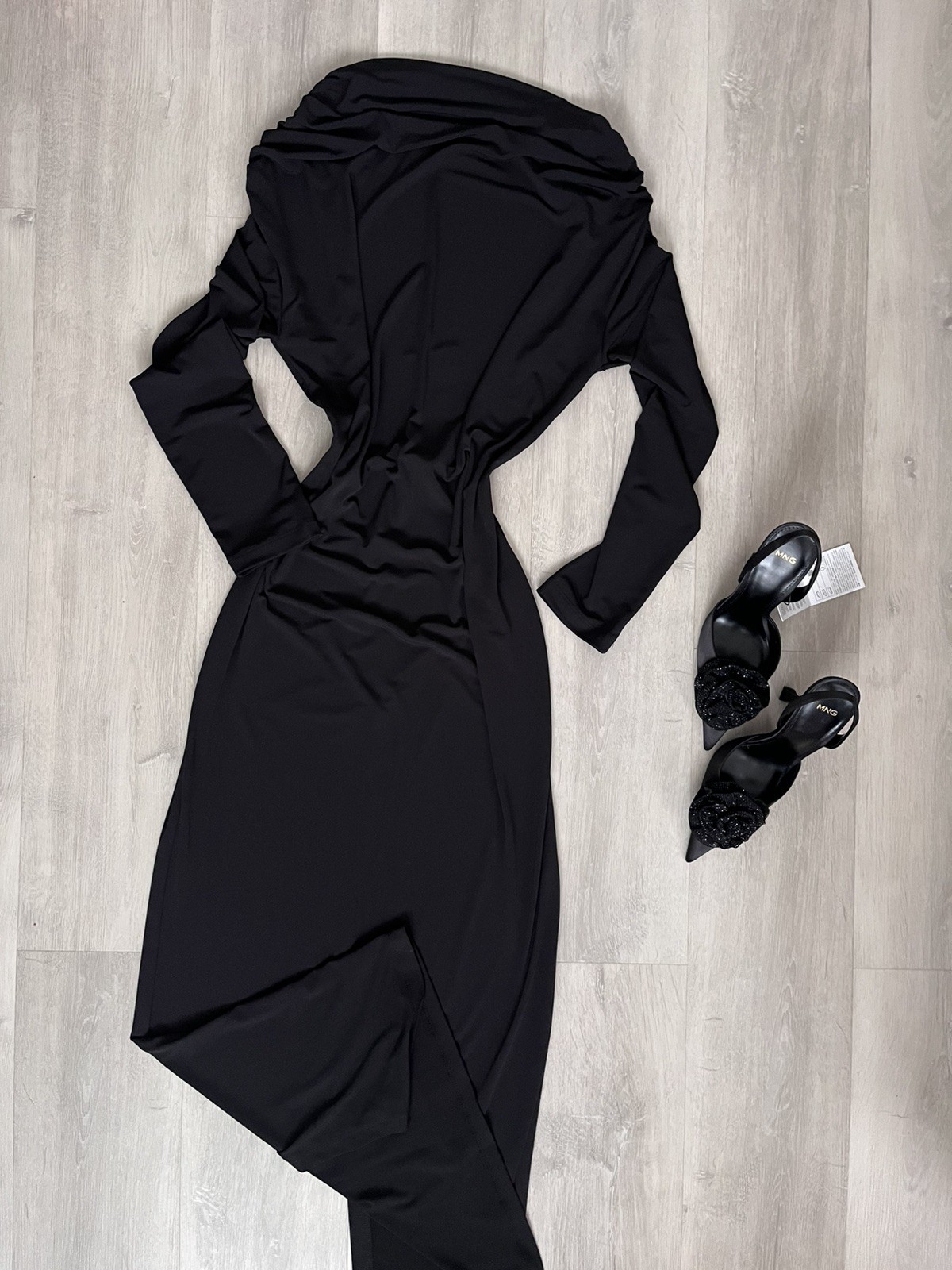 Zara Women's Draped Midi Dress Long sleeve With Jewel  Back Black Size Small NWT thumbnail 7