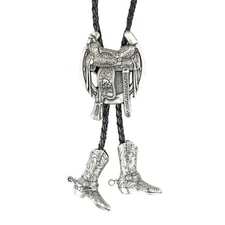 Silver Plated Horseshoe Saddle Boot Tips Bolo Tie 38 inch Leather Cord Western