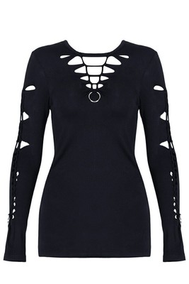 DARK IN LOVE Women Punk Gothic Rock Black Steampunk Twisted Long Sleeve Top