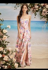 SHEIN Belle Flora Crisscross Backless Split Thigh Dress XS Maxi Wedding Guest