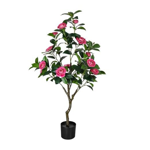 47-inch Tall Faux Camellia Tree with Purplish Red Blooms in Decorative Pot