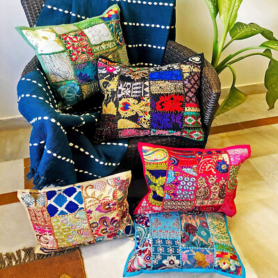 Indian 5 PCs Lot Multi Cushion Cover Patchwork Square Pillow Case 16x16''Handmade