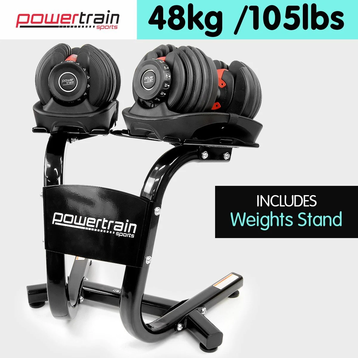 POWERTRAIN ADJUSTABLE DUMBBELL SET w STAND HOME GYM EXERCISE FREE WEIGHTS 48kg