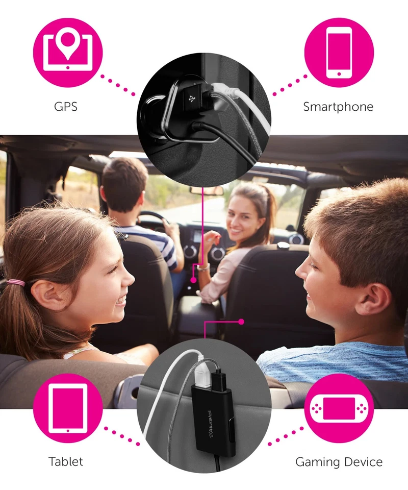 Carregador de carro USB Aluratek 4 portas OFICIAL com portas estendidas (5V / 9.6A / 48W) - Imagem 2 de 4