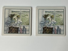 Vintage AbsorbaStone Golfing 2 Absorbent Coasters Bisque Tile Golf Bag Clubs
