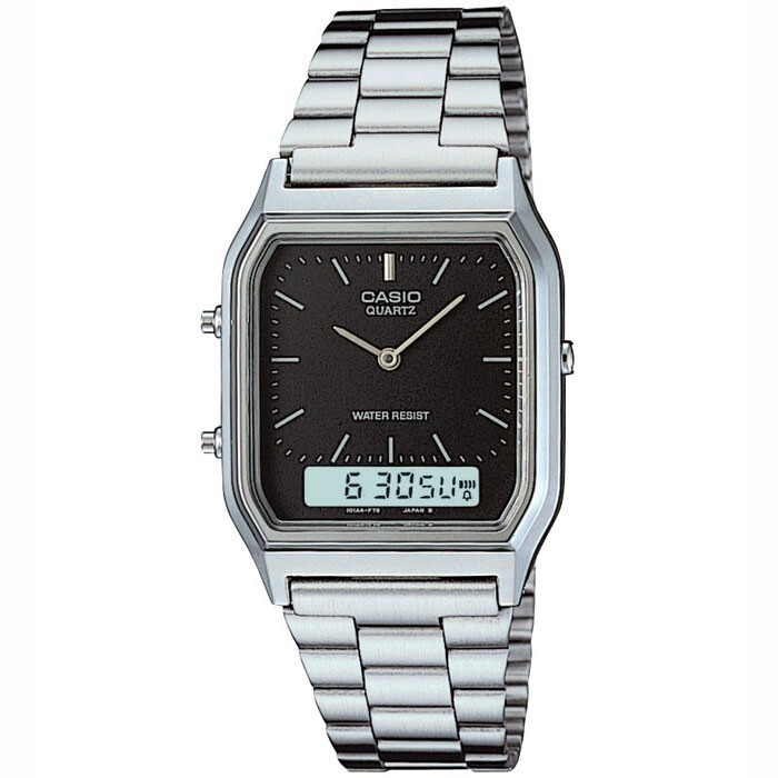 New Casio Vintage Retro Silver Black Dial Dual Time Steel Watch AQ-230A-1DMQ