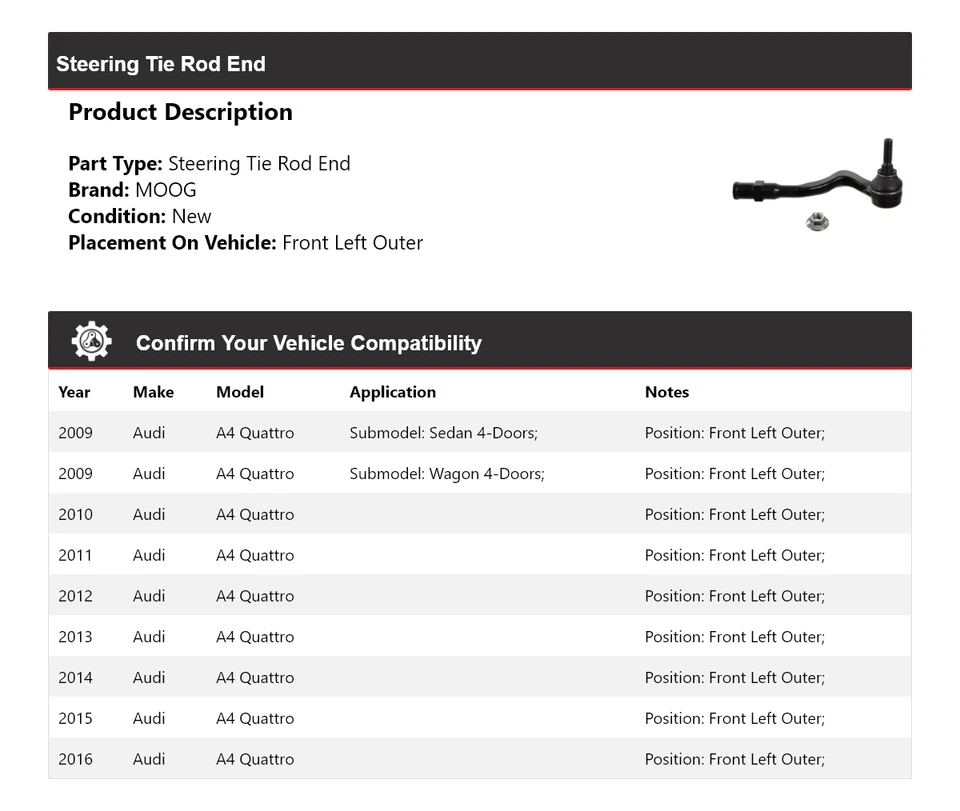 Para Audi A4 Quattro 2009-2016 extremo de barra de dirección delantero izquierdo exterior MOOG 2009 Foto 2 de 4