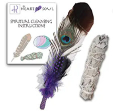 SMUDGE TURKEY FEATHER FAN SAGE ENERGY Home CLEANSING CLEARING KIT w INSTRUCTIONS