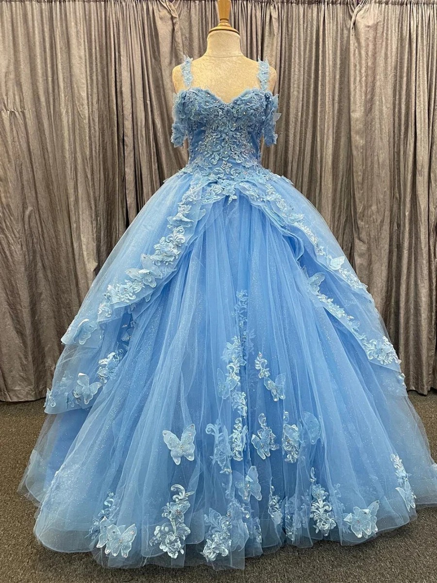 Blue Tulle Sweetheart Multi-Layer with 3D Floral Lace Quinceanera Dress Blue / 12