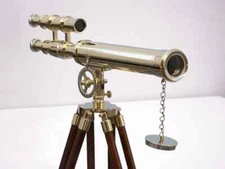 Antique nautical Navy brass double barrel telescope with wooden tripod stand